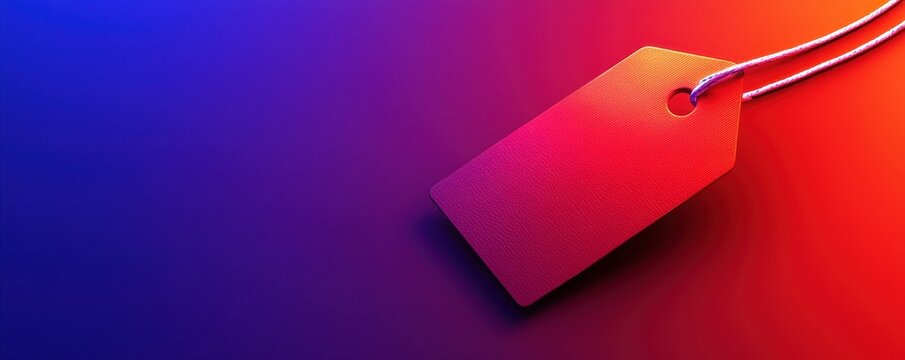Close-up of a red price tag with string on a gradient blue and red background, suitable for retail and marketing themes.