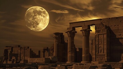 Fototapeta premium A serene full moon illuminating a calm lake at midnight.