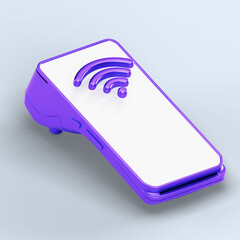 3D Purple Contactless Payment Terminal with Credit Card – Modern Fintech and Digital Banking Concept