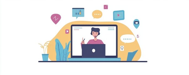 Illustration of a person video conferencing on a laptop with colorful chat bubbles and digital icons, depicting remote communication.