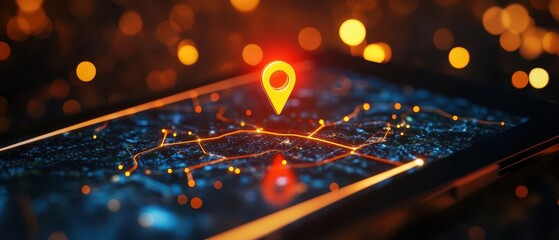 Digital navigation concept with a glowing red GPS pin and route path on a tablet screen Clean and modern design, midangle shot, bright light highlighting the map details