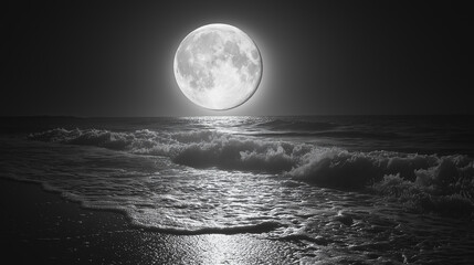 A large moon is in the sky above the ocean. The water is dark blue