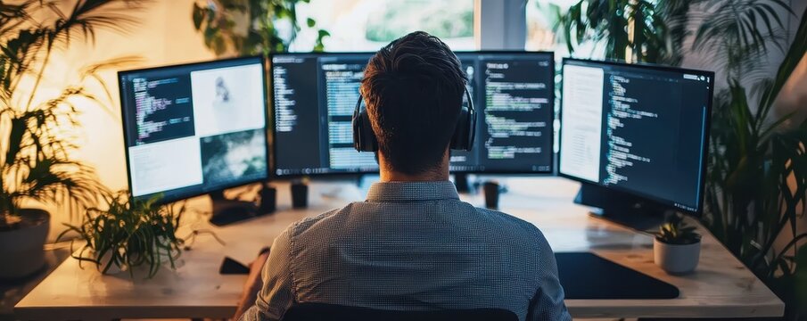 Software developer working on multiple monitors from home office. Focus on coding and programming with modern technology setup.