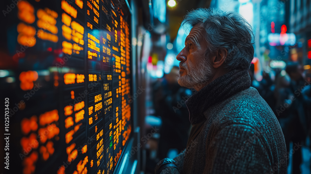 Poster a man is looking at a computer screen with a lot of numbers on it. he is wearing a scarf and he is c