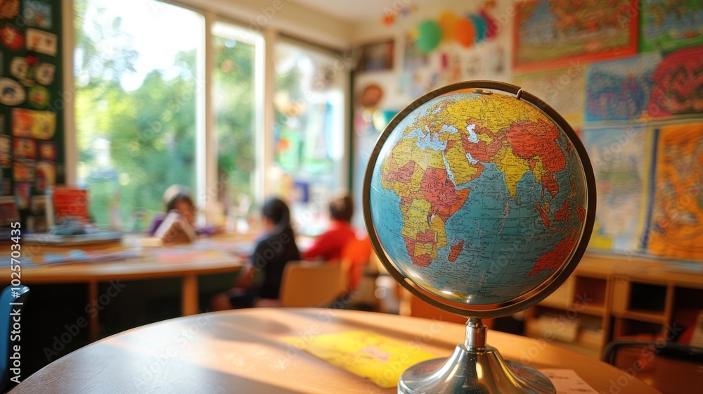 Poster a globe sits on a desk in a classroom with students blurred in the background.