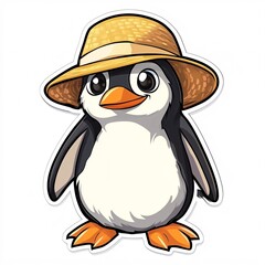 Fototapeta premium Cartoon Penguin in Beach Hat Standing Alone