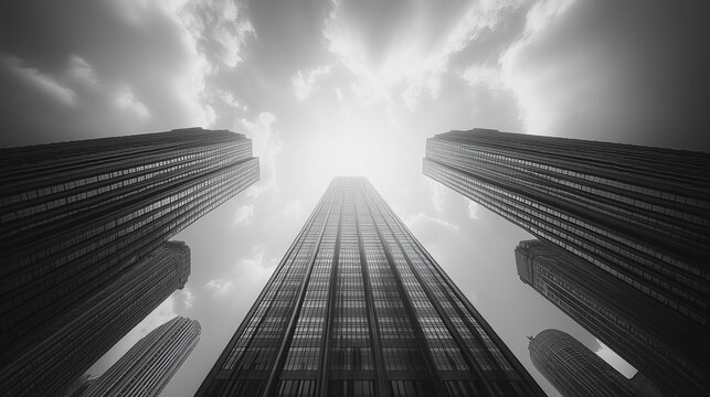 Fototapeta A black and white photo of a city skyline with tall buildings. The sky is cloudy and the sun is shining through the clouds
