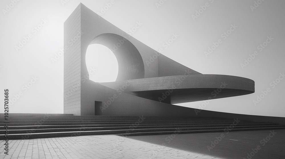 Poster a large building with a circular opening in the middle. the building is made of concrete and has a m