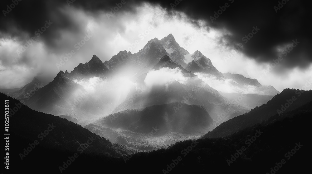Poster a mountain range with a cloudy sky in the background. the mountains are covered in snow and the clou