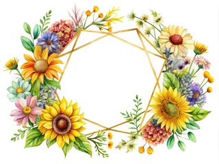 Obraz premium A golden polygonal frame showcases bright sunflowers and wildflowers in stunning watercolor, bringing a cheerful and vibrant floral essence to any artistic decor.