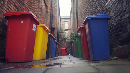 Colorful Trash Bins in Urban Alley