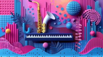 Modern Jazz Abstract: Saxophone and Keyboard with Vibrant Colors and Geometric Patterns for a Creative Music Poster