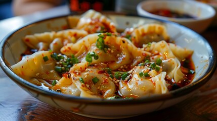 Chili oil wontons are a dumpling dish often served in soup or fried wonton filling usually consists of a mixture of minced meat such as chicken or shrimp and spices