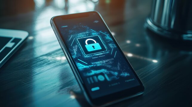 Smartphone with a digital padlock icon on the screen, representing mobile security, encryption, and data protection in a modern setting.