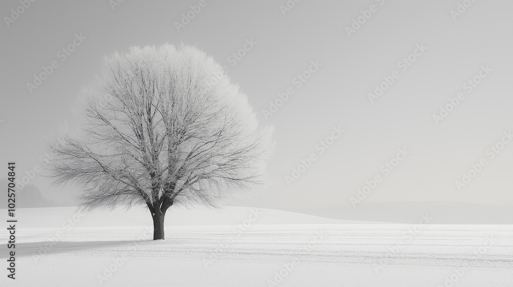 Poster a tree stands alone in a snow-covered field. concept of solitude and tranquility, as the tree is the