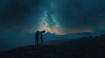 Fototapeta premium A lone astronomer setting up a telescope on a hillside at night, with a stunning view of the Milky Way and glowing stars reflecting their wonder