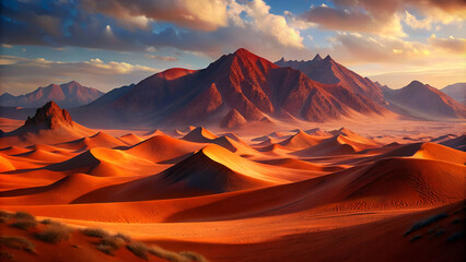 Naklejka premium Red sand dunes leading up to rugged mountains in the background, creating a dramatic and expansive view