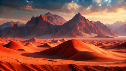 Naklejka premium Red sand dunes leading up to rugged mountains in the background, creating a dramatic and expansive view