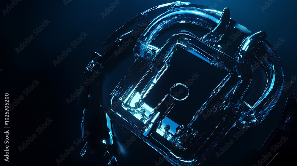 Poster digital padlock for computing system on dark blue background, cyber security technology for fraud pr