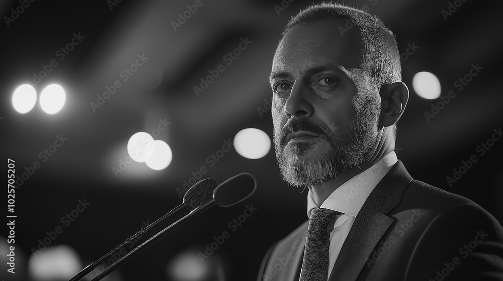 Poster a man with a microphone stands in front of a crowd. he is wearing a suit and tie and has a beard. co