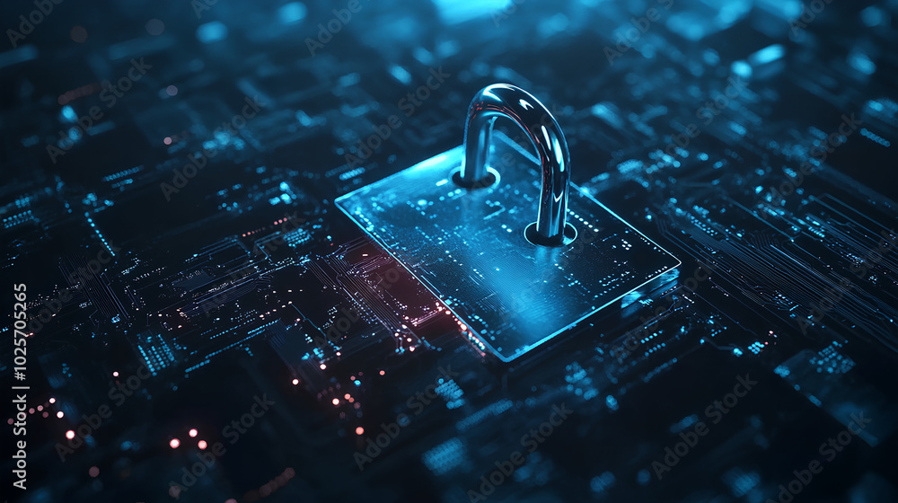 Poster digital padlock for computing system on dark blue background, cyber security technology for fraud pr