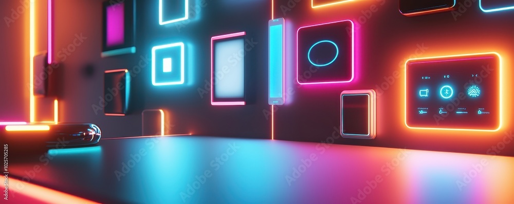 Poster vibrant neon futuristic interface with glowing shapes on a dark background, creating a modern and te