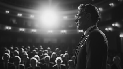 A man stands in front of a crowd of people in a theater. The man is wearing a suit and tie and he is giving a speech. The audience is attentive and listening to the man's words