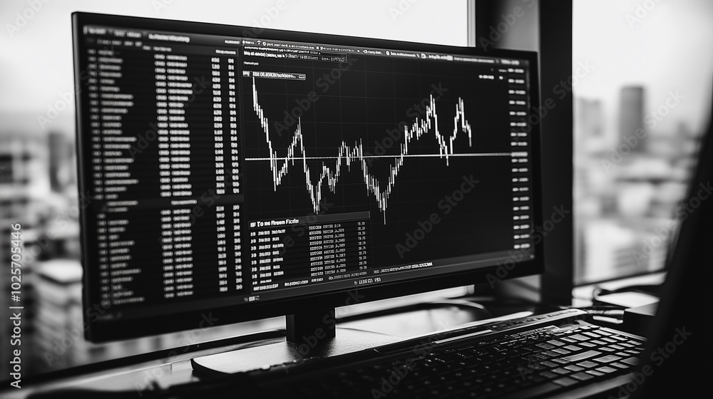 Poster a computer monitor displays a graph of stock prices. the graph is black and white, and the numbers a