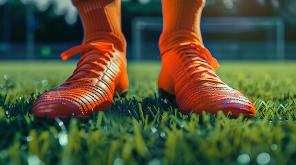 cleated orange boots to practice soccer on a grass field on green background