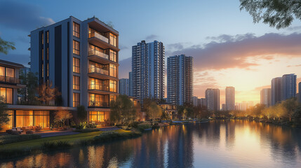 Obraz premium A city skyline with a large building in the middle and a river running through it. The sky is orange and the water is calm