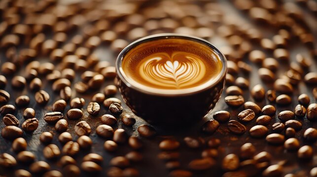 A beautifully crafted cup of latte with intricate latte art, surrounded by coffee beans, creating a warm and inviting scene.