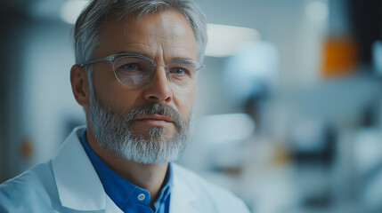 Fototapeta premium A man with glasses and a white lab coat is looking at the camera. He is a scientist or a doctor