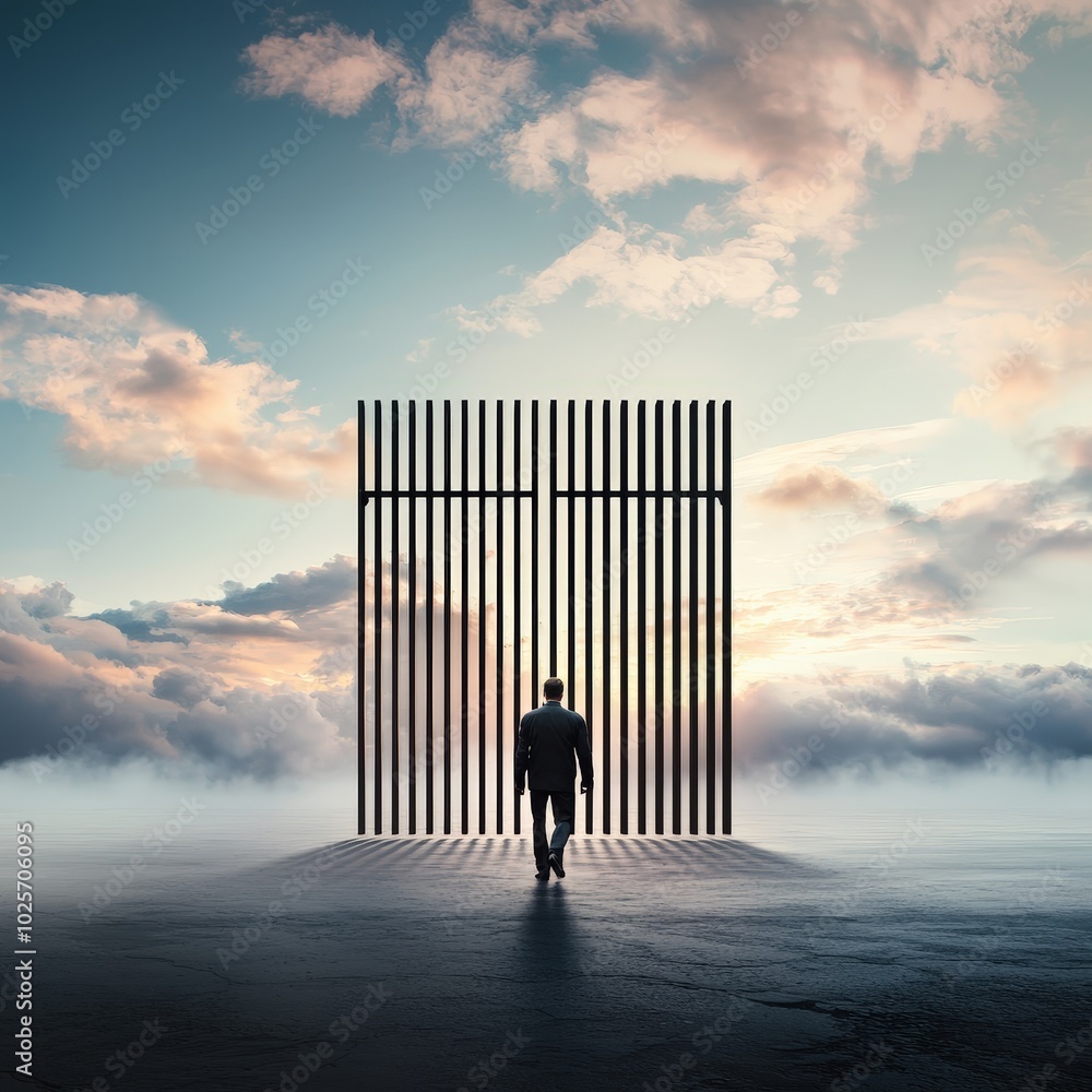 Poster a figure in front of a closed gate, signifying the obstacles brought up by a mindset of scarcity.