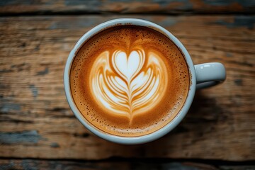 A beautifully crafted latte with intricate latte art in a white cup on a rustic wooden table, perfect for coffee lovers.