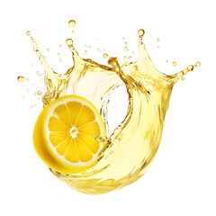 A fresh lemon slice splashes into clear water creating vibrant droplets and ripples