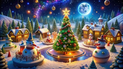 An enchanting night scene featuring a rotating Christmas wonderland, filled with shimmering lights, festive decorations, and a delightful atmosphere of holiday cheer and joy.