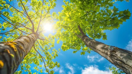 close up of two trees with fresh leaves on a bright sky background during the day