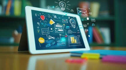 Digital tablet with floating app icons on a desk, representing modern technology and digital communication in a colorful background.