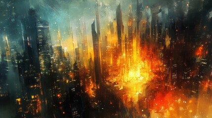 Fototapeta premium A glowing, abstract cityscape that changes shape and form based on the viewer's emotions, representing the ever-shifting nature of society