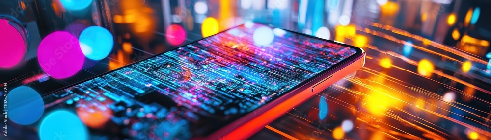 Poster vibrant close-up of a smartphone displaying colorful data and technology lights, representing digita