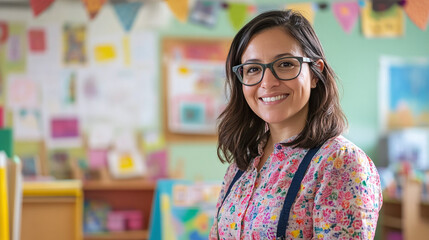 A cheerful daycare worker in a colorful classroom, looking at the camera with children’s art and toys in the background