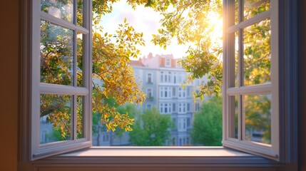 Open Window with Sunlight and Green Trees View