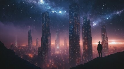 A glowing city beneath a starry sky, with the lights reflecting off towering skyscrapers and a lone person observing the vast expanse above 