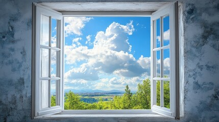 Open Window View of Blue Sky  White Clouds and Green Trees