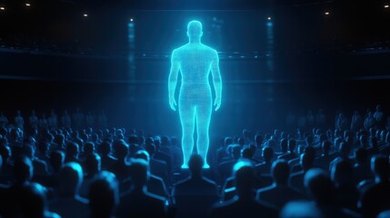 A glowing holographic figure delivering an impassioned speech on human rights, with an audience captivated by the message of equality