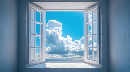 Open Window with Blue Sky and Clouds   View from Inside