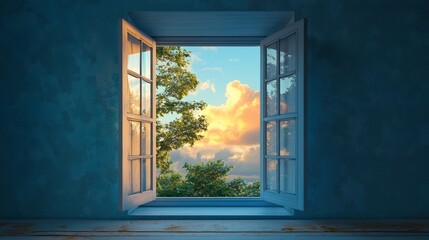 Open Window with a View of Trees and Clouds at Sunset