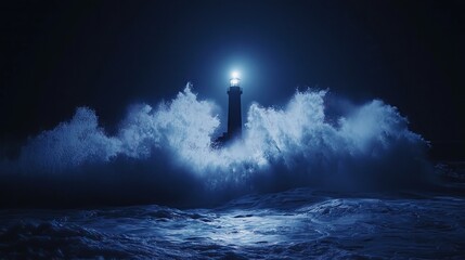 Lighthouse in a Stormy Sea at Night