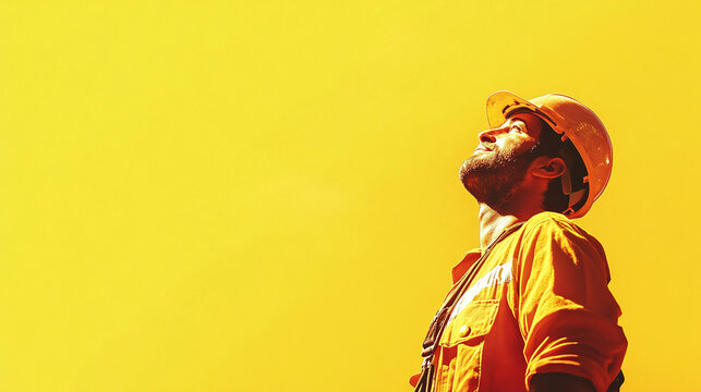 A diligent construction worker in a hard hat, set against a bright yellow background