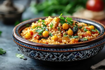 A colorful and appetizing bowl of couscous with chickpeas, fresh vegetables, and herbs in a traditional decorative dish.